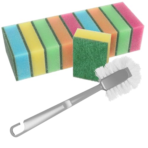 WELLGRO Abtropfgestell aus Kunststoff mit Reinigungsbürste und 10 Schwämmen - 44x35x9 cm (LxBxH) - Schale Geschirrkorb Abtropfkorb Abtropfgitter für Spüle Made in Europe, Farbe:Pink