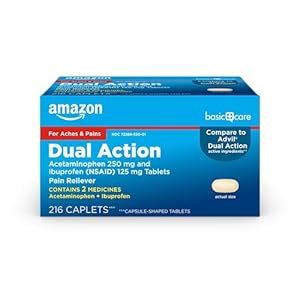 Amazon Basic Care Dual Action Acetaminophen 250 mg and Ibuprofen (NSAID) 125 mg Tablets, Pain Reliever for Headache Relief, Arthritis Pain Relief and More, 216 Count