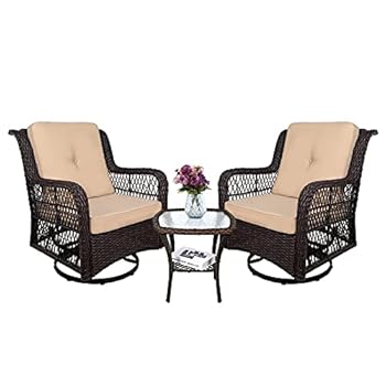 Alternative view of MEETWARM 3-Piece Patio Wicker Conversation Bistro Set Cushioned, Outdoor Swivel Rocking Chairs Rattan Furniture Sets with Thickened Cushion and Glass-Top Coffee Table (Beige)