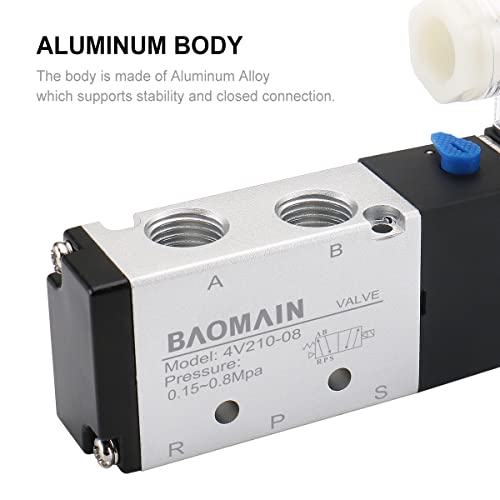 Baomain Pneumatic Air Control Solenoid Valve 4V210-08 Dc 12V 5 Way 2 Position Pt1/4 Internally Piloted Acting Type Single Electrical Control #TOP5