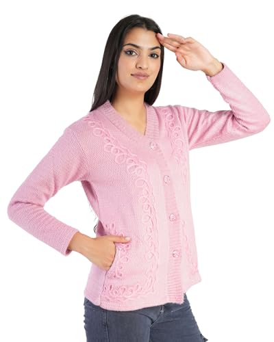 Image of MANRA Women's Woolen V-Neck Buttoned Full Sleeve Cardigan Self Design Soft Wool Fabric Winter Wear Pure Wool Sweater Fully Warm with Front Pockets Stylish Cardigan
