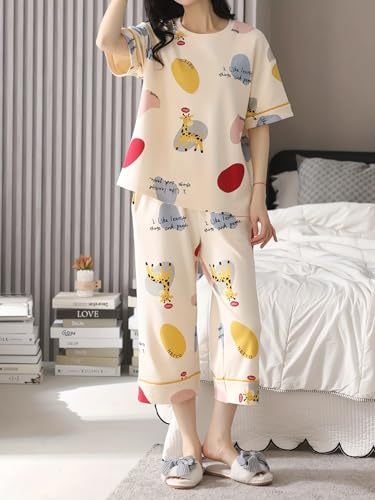 Image of Lunza Women's Cotton Pajama Set with Top & Pants|| Korean Night Suit|| Lightweight Printed Set || Soft & Comfy Sleepwear for Girls & Women