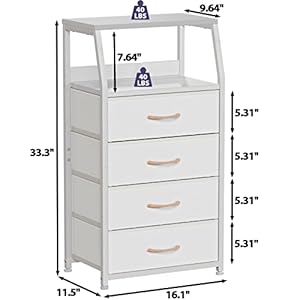 Furnulem tall 4 drawers dresser vertical storage tower for bedroom hallway entryway nursery closet organizer nightstand bedside table furniture sturdy steel frame wood top white  urban country home decor