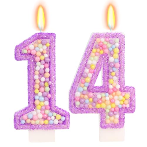 FamGift Pastel Macaron Number 14 Candle, 14th Birthday Decorations for Girl