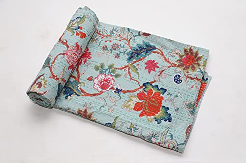 V Vedant Designs Indian Block Floral Handmade Kantha Quilt Pure Cotton Twin/Queen Kantha Quilt Blanket Bedspread Bohemian Kantha Throw (Light Green, Queen)