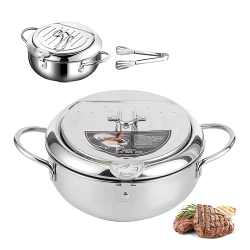 AVMLWEPA Sartén Japonesa de Acero Inoxidable con escurridor de Aceite, Cesta con Control de Temperatura, escurridor y termómetro 304 for Cocina de inducción Francesa (Apta for 5-8 Personas).(11ich)