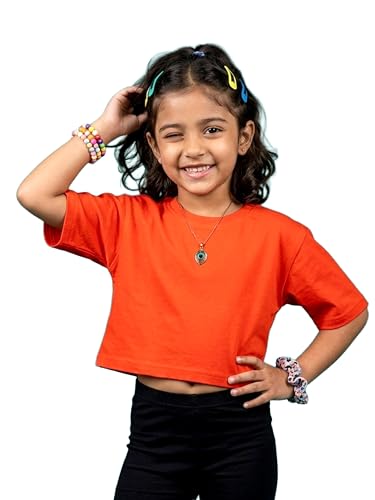 Image of KiddoPanti Girls 100% Cotton Solid Drop Shoulder Half Sleeve Round Neck Crop Tee