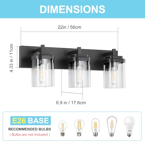 Image of SineRise Vanity Light Fixture,3-Light Vanity Light for Bathroom,Matte Black Bathroom Vanity Lighting Over Mirror with Square Clear Glass Shade for Restroom