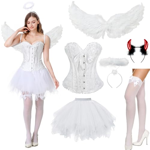 JONRRYIN Disfraz Angel Mujer, Disfraz Angel Negro, Disfraz de Hada y de Diablo, Alas de Ángel, Diadema Angel, Diadema Diablo, Corset, Medias de Rejilla para Halloween Carnaval Cosplay (Blanco-B, S)