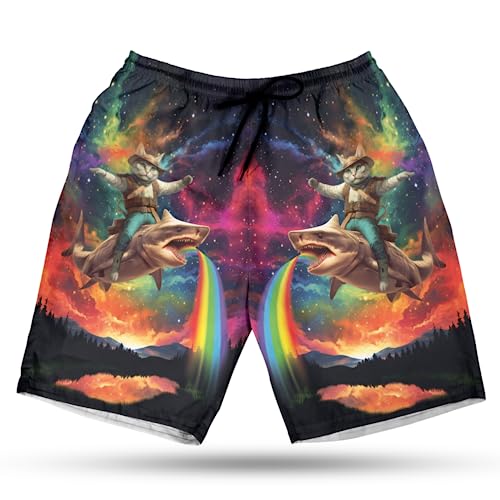 Funny Cat Men's Swim Trunks - Cat Laser Hawaiian Shorts for Men, Men's Summer Bathing Shorts Set 34