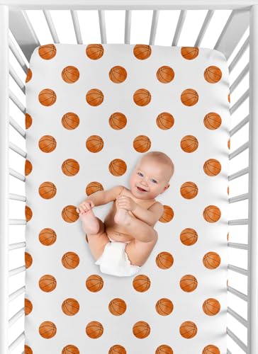 Image of Sweet Jojo Designs Fitted Baby Crib Sheets (Basketball) for Boys or Girls, Infant Nursery, Toddler Room - Standard Size (Orange & White Sports Balls for the Watercolor, Vintage Sport Theme Collection)