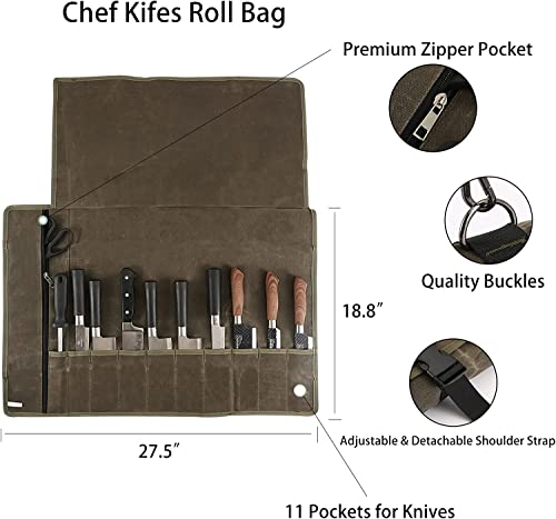 image for HERSENT Chef’s Knife Roll Bag, Waxed Canvas Knife Cutlery Carrier, P