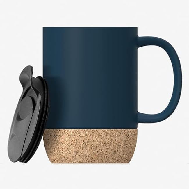 asobu Cork Mug ¨C 12 oz Ceramic Coated Coffee Mug with Cork Base, Double-Walled Vacuum Insulated Stainless Steel, Splash-Proof Slide Lid, Easy-Grip Handle
