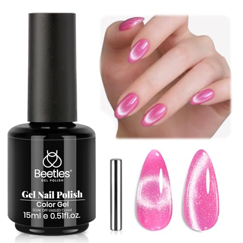 Beetles Pink Cat Eye Gel Nail Polish - 15ML Gel Polish Pink Cat Eye Glitter Magnetic Velvet Effect Soak Off UV French Nail Art Salon DIY Home Manicure Spring Gift for Women