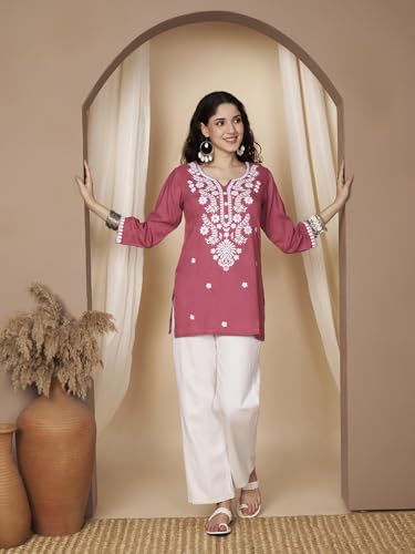 Image of Short Kurti for Women for Jeans, Chikankari Kurtis for Ladies, Lakhnavi V- Neck Women's Tunic Design Kurta, Floral Kurtas & Tunics for Woman