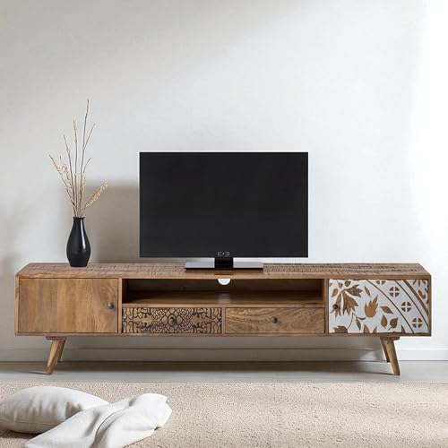 Image of The Attic Mans TV Cabinet, Solid Wood Sideboard TV Cabinet for Living Room, Wooden Free Standing TV Unit Side Board Table with Storage, Ant. Honey Matte Finish