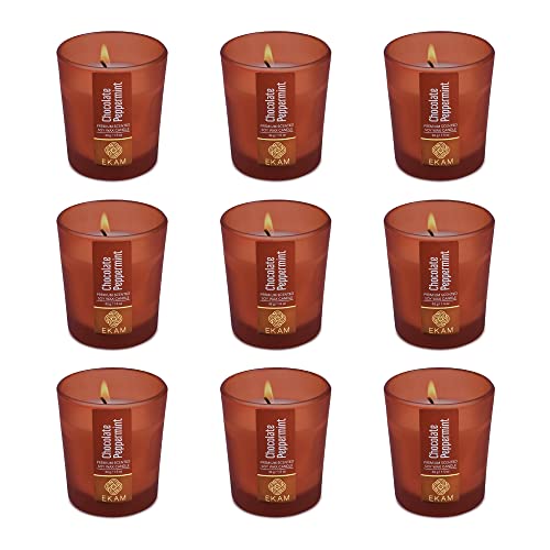 Image of EKAM Chocolate Peppermint Votive Soy Wax Scented Candle, 40 Grams, 10 Hours Burn Time| Long Lasting Premium Candles | Ideal for Home Decor | Gifting & Aromatherapy (Pack of 9)
