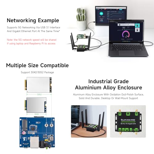 Image of Waveshare 5G M.2 to Gigabit Ethernet Converter, 5G M.2 to USB3.1, Aluminum Alloy Case, Wall-Mount Support, Quad Antennas, Onboard M.2 Key B Interface, USB3.1 Port