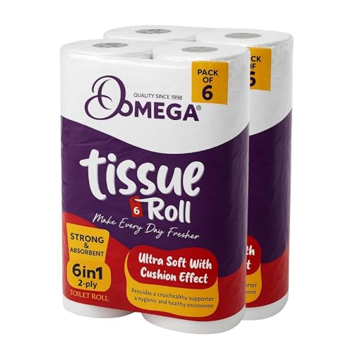 Image of Omega Tissue Roll - 12 Rolls Pack | Ultra Soft Cushion Effect | 2-Ply Toilet Paper | 6-in-1 Strong & Absorbent | 3000 Pulls | Bathroom Tissue | Hygienic & Skin Friendly