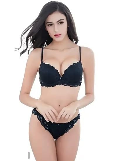 Image of Designer Women's Lace Push-Up Bra & Panty Set | Underwired, Solid, Baby Doll Bikini Style