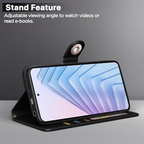 Image of Pikkme Flip Cover Leather Finish | Inside TPU with Card Pockets | Wallet Stand and Shock Proof | Complete Protection Button Flip Case for Redmi Note 14 5G (Black)