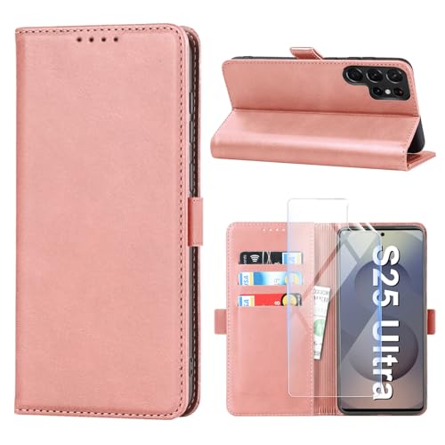 Protection Samsung S25 Ultra étui portefeuille cuir rose et film d'écran