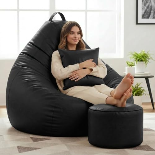Image of KAM'S LIEU 6XL Jumbo Premium Bean Bag Chair with Footrest & Cushion | Filled with High Density EPS Beans | Comfortable Sofa for Living Room & Bedroom | 6 Months Warranty, Color- (Black, 6XL, Premium)