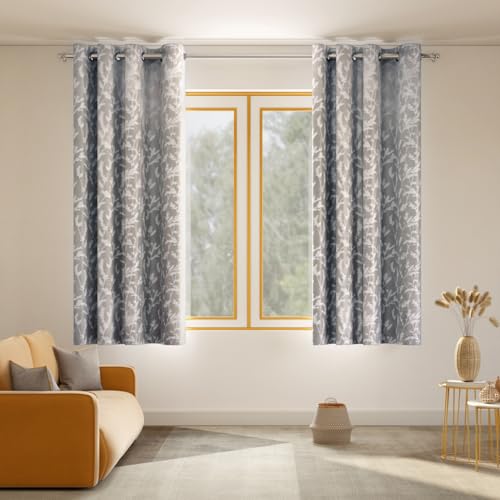 Image of haus & kinder Printed Jacquard Window Curtains 5 Feet Long Pack of 2 Window Curtains, 5 Feet Curtains for Window (Whispering Willows, Slate 130x152 CM)