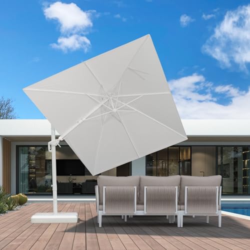 PURPLE LEAF Sonnenschirm 350 cm x 250 cm Rechteckig, Ampelschirm Twist mit Kurbel, Gartenschirm Groß, Weißer Alu Rahmen, Beidseitig Axial Schwenken, 360° Rotation, Weiß