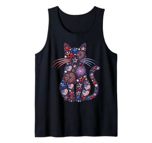 Patriotic Cat 4th of July Funny Cat Mom USA Flag Fireworks Tank Top