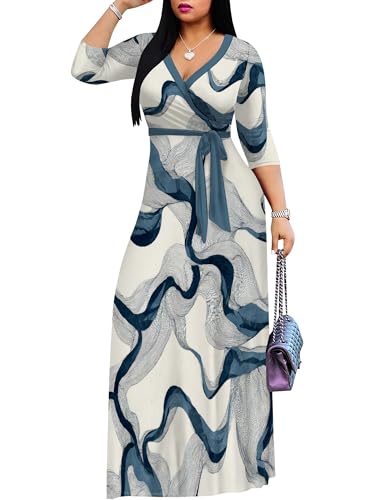 Image of Women Plus Size Long Sleeve V Neck Maxi Dress with Belt | Soft fabric relaxed fit three quarter sleeve v neck with pockets for party and daily wear