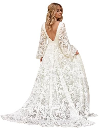 Women's Long Sleeve Boho Wedding Dresses for Bride...