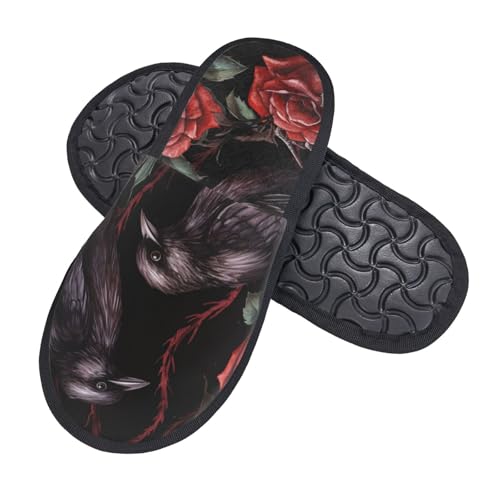 Halloween Red Rose Slippers for Women, Black Crow House Slippers Non-slip Indoor Bedroom Slippers Warm Cozy Memory Foam Home Shoes2