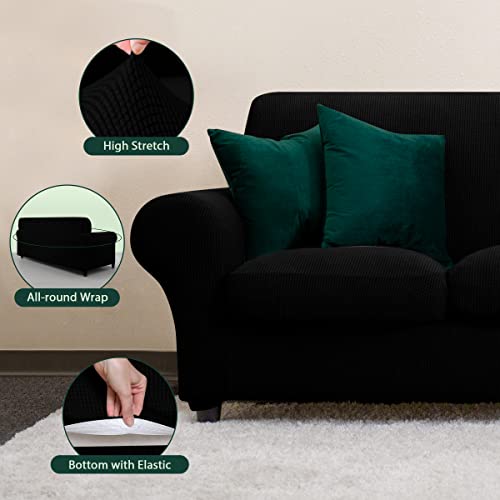 CHUN YI 4 Pieces Stretch Sofa Cover for 3 Seater Couch, Washable Soft Sofa Slipcover with 3 Separate Seat Cushion Covers for Dogs, Checks Spandex Jacquard Fabric, Large, Black