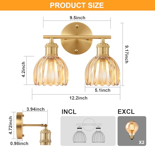Image of Bathroom Light Fixtures, 2-Light Brushed Gold Vanity Lights for Bathroom with Amber Tulip Glass Shade, 12 inch Vintage Bathroom Vanity Lighting Fixtures Over Mirror for Bedroom Living Room Hallway