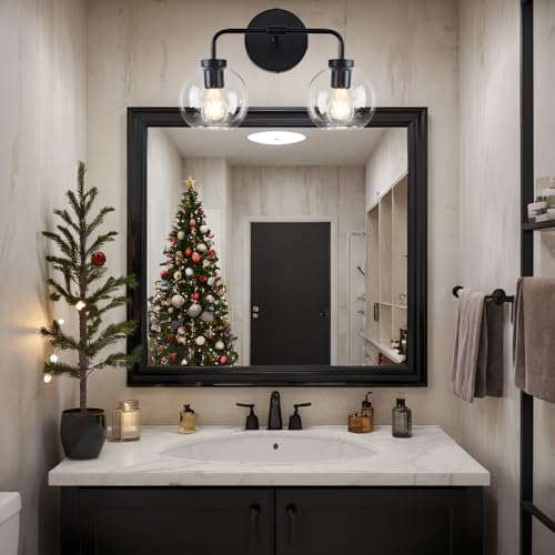 Image of Modern Matte Black Double Glass Globe Wall Sconce, 17 X 7 Inch Vanity Light Over Mirror, Bathroom Light Fixture with Matte Black Metal Canopy