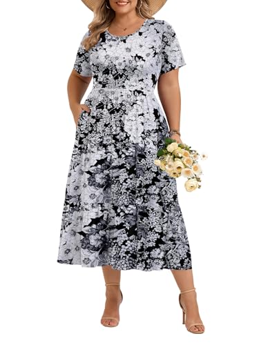 Image of LARACE Plus Size Dresses for Women Summer Casual Short Sleeve Long Dress Flowy Maxi Beach Dresses with Pockets L-6XL