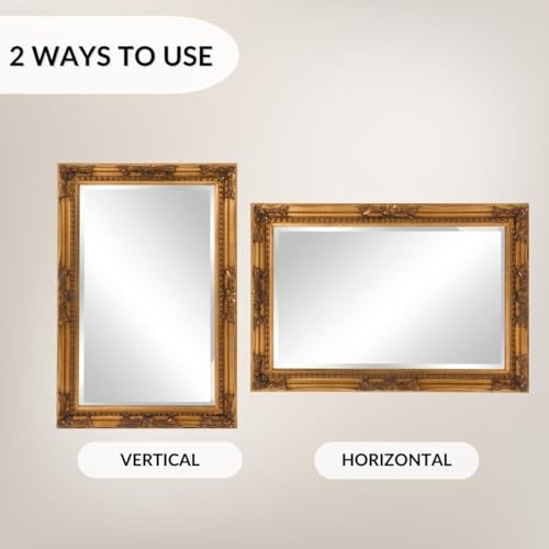 Image of Howard Elliott Queen Ann Rectangular Antique Golf Leaf Wall Mirror, Rectangle Hanging Wood Framed Vanity Mirrors for Home Decor, Living Room, Bathroom, Bedroom, or Hallway, 24 x 36 Inch