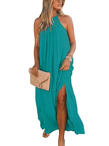 Image of FARORO Sleeveless Long Dress for Women Boho Halter Maxi Sundress Casual Loose Dresses Split Cover Up Gown with Pockets