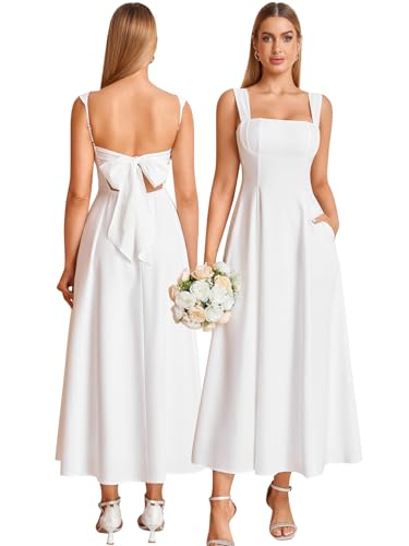 KUTUMAI Bow Tie Floral Corset Midi Dress Flowy Summer Tea Party Wedding Guest Dresses for Women Sundress with Pockets White L