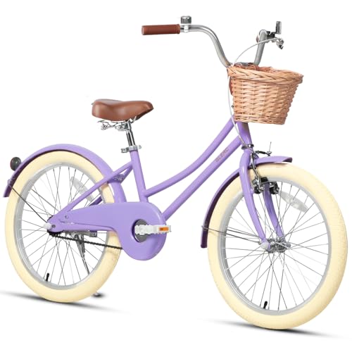 Glerc Little Molly 20 Inch Kids Bike, Retro Cruiser Girls Bike for Children Ages 7-13 Years Old, â€ŽKids Bicycle with Wicker Basket & Kickstand, Purple