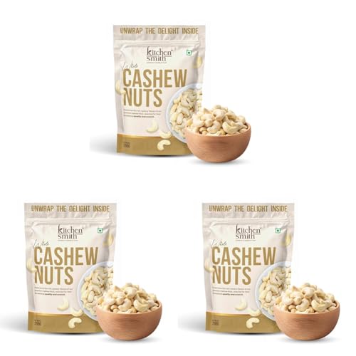 Image of KitchenSmith Premium Whole Cashew - 250gm (Grade W240) | Crunchy Cashews, Kaju Dry Fruit & Cashew Nuts | Gluten Free & Plant Based Protein (Air Tight Pouch) (Pack of 3)