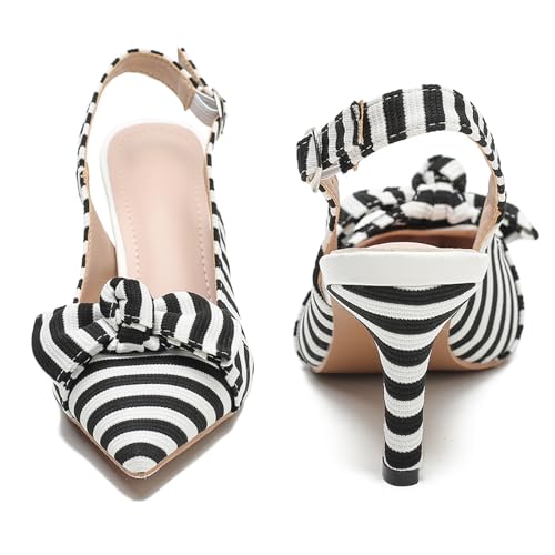 Women's White Black Stripes Slingback Kitten Heels Closed Pointed Toe Bow Tie Slip On Work Pumps Ankle Strap Stiletto Formal Party Wedding Dress Shoes2
