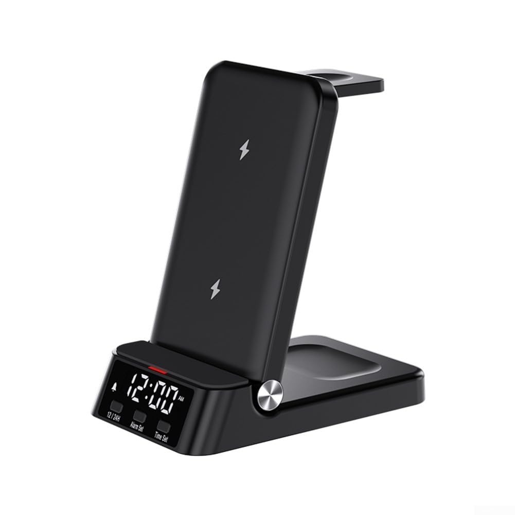 Station de charge sans fil multi-appareils pour téléphones, écouteurs, montres avec horloge LED intégrée, prend en charge le chargement de 5 W à 15 W de sortie (noir)