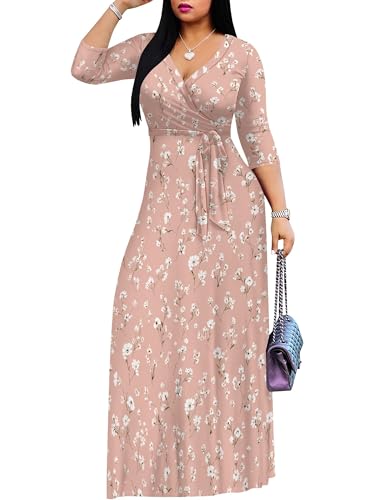 Image of SUZONANA Plus Size Dresses for Curvy Women Floral Print Maxi Dress Bodycon Wrap 3 /4 Sleeve Long Dressy with Belt