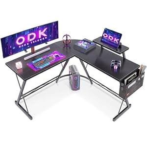 ODK Gaming Tisch, Gaming Schreibtisch Eckschreibtisch für Gamer, Schreibtisch L Form mit Monitorständer für Büro (Schwarz, 127 x 127 cm)