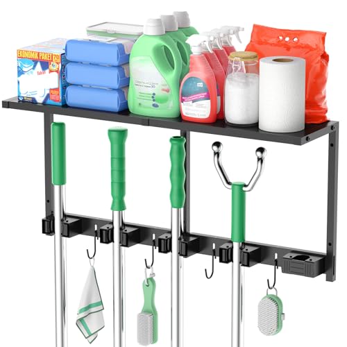 CCCEI Broom and Mop Wall Mount with Shelf, Laundry Room Cleaning Tools Organization Hanging Rack with Hooks, Bathroom, Garage, Garden Organizers and Storage. All Metal, Black, 1 Pack.
