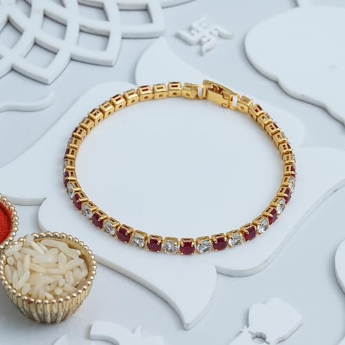 Image of eCraftIndia Red White Stone Studded Evil Eye Bracelet Rakhi with Best Bro Ever Fridge Magnet | Designer Rakhi for Brother Bhaiya Bhai Bhabhi | Roli Chawal Pack