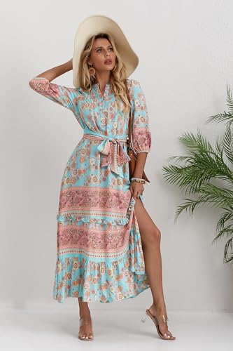 Image of Women Boho High-Waist Floral Print Maxi Dress 3 /4 Sleeve Casual | Soft Rayon, Breathable, Quick-Dry. High-Waist with Adjustable Belt, Flattering Hem. Ideal for Beach, Work & Dating.