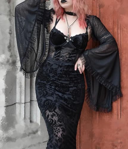 Women Goth Black Open Front Patchwork Sleeve Sheer Bolero Shrug Top for Formal Dresses Emo4